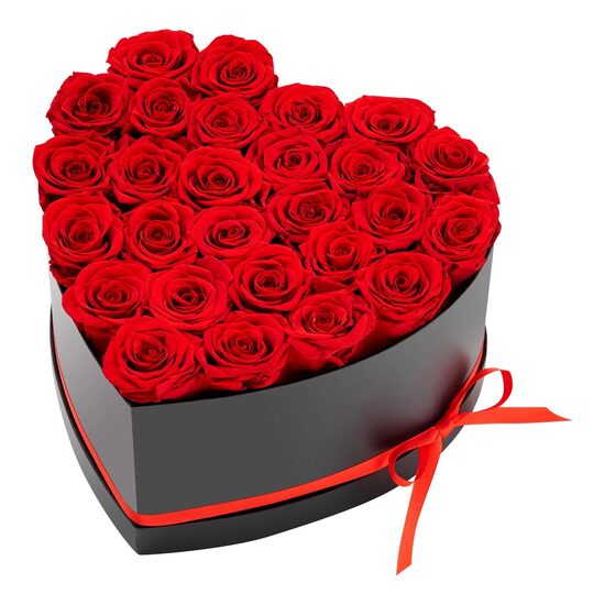 Cutie in forma de inima cu 27 trandafiri naturali conservati Forever Flowers, Rosu aprins, 224 x 231 x 145 mm