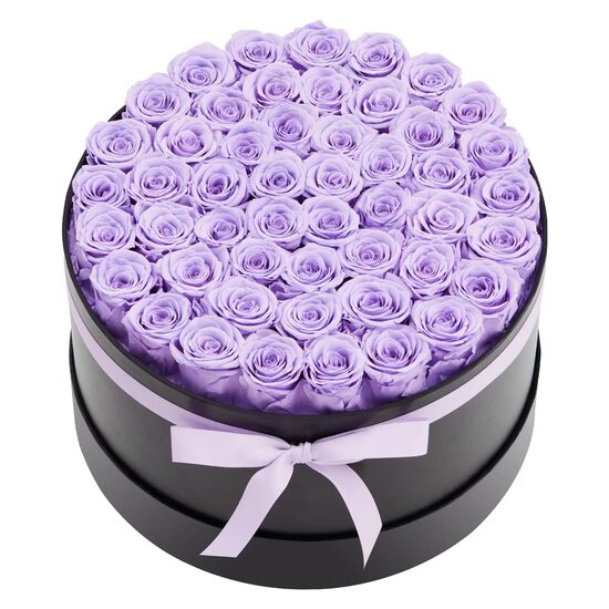 Cutie rotunda cu 50 trandafiri naturali conservati Forever Flowers, Violet lavanda, 279 x 279 x 165 mm