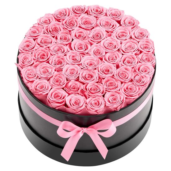 Cutie rotunda cu 50 trandafiri naturali conservati Forever Flowers, Roz dulce, 279 x 279 x 165 mm