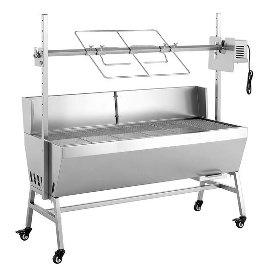 Gratar pe carbune cu rotisor electric 38W, Otel Inoxidabil, inaltime de gatit reglabila 4 niveluri, 1420 x 535 x 1305 mm, 4 roti