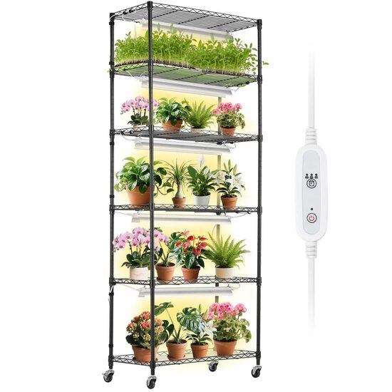 Raft pentru plante cu lampa de crestere 6 x Niveluri, Inaltime 180 cm, 3 x led, temporizator, 4 x Roti
