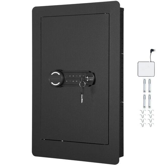 Seif de perete incastrabil, 650 x 420 x 100 mm, 3 niveluri, Alarma, Cheie si Cifru, iluminare Led