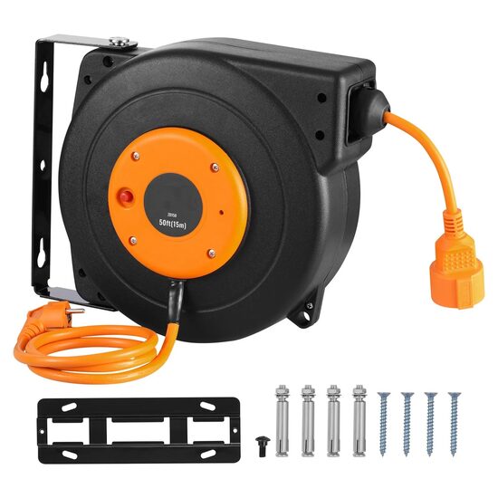 Prelungitor pe tambur retractabil, Fixare pe perete, max 1000 W, Suport pivotant, cablu 1.5 mmp, Lungime 15 m, Protectie supraincalzire