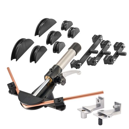 Dispozitiv de indoit tevi cupru si aluminiu, 6-22 mm, Unghi max îndoire 90°, 7 matrite, sistem hidraulic, Direcția de îndoire Înainte și înapoi