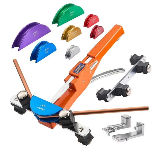 Dispozitiv indoit cu clichet tevi cupru si aluminiu, 6-22 mm, Unghi max îndoire 90°, 7 matrite colorate, Direcția de indoire inainte si inapoi