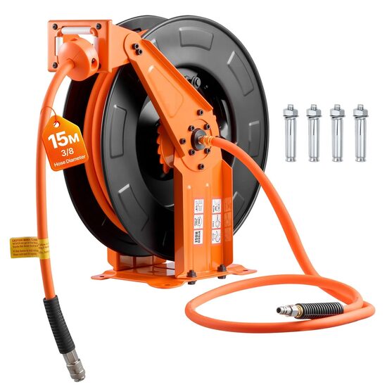 Furtun aer comprimat pe tambur, Rebobinare automata, montare pe tavan/perete, suport pivotant, 3/8”, 15 m, 20 Bar