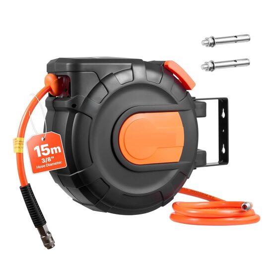 Furtun aer comprimat pe tambur, Rebobinare automata, montare pe tavan/perete, suport pivotant, 3/8”, 15m, 20 Bar, Intrare 1 m