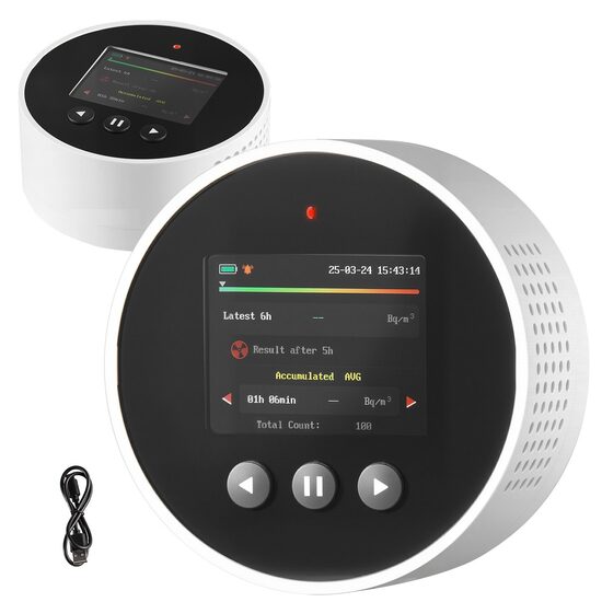 Detector radon, 3,3 Bq/m³ până la 37 kBq/m³, afisaj LCD color, baterie litiu de 2000 mA