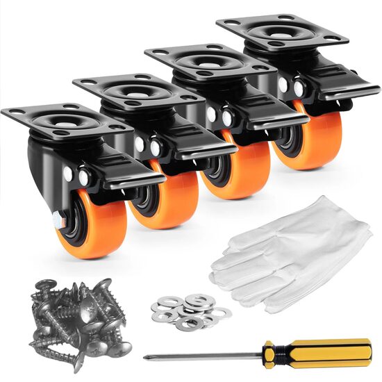 Set 4 roti pivotante, Frana dubla, Capacitate 68 kg/roata, Diametru 2 inch, Poliuretan/Otel