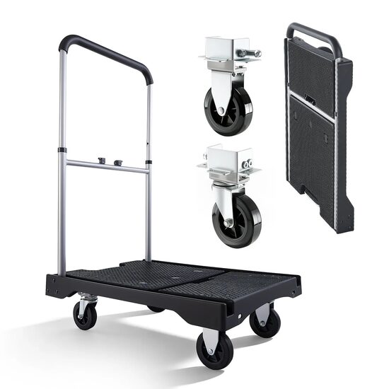 Carucior cu platforma pliabil, Roti pivotante, Capacitate max 150 kg, Dimensiune 680 x 495 x 115 mm, Otel/PVC