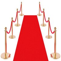Set 8 stalpi delimitare, 6 x Franghie rosie 1.5 m, Inox, Auriu/Rosu, Inaltime 95 cm, Covor rosu