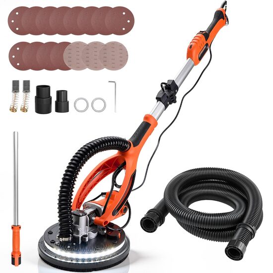 Slefuitor pentru pereti, tavane, plafoane si rigips cu brat telescopic 850 W, 800-1700 rpm, Led, maner pliabil si extensibil, 15 x discuri