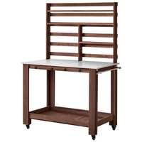 Suport masa gradinarit, Lemn, 115 x 66 x 169.5 cm, 4 x roti, Carlige, Rafturi depozitare, Maro, Blat inox