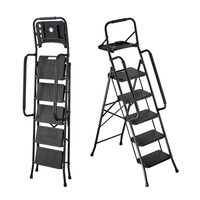 Scara pliabila cu 5 x Trepte Anti-derapante si balustrada, Tava scule, Capacitate 272 kg, Otel, Negru, 530 x 1065 x 1740 mm