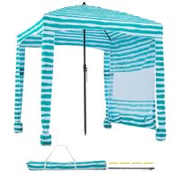 Pavilion gradina/plaja, Portabil 183x183 cm, 1 x perete lateral, Verde/Alb, Protecție solara UPF 50+, Geanta, Cadru fibra de sticla