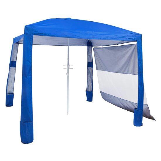 Pavilion gradina/plaja, Portabil 240x240 cm, 1 x perete lateral, Albastru, Protecție solara UPF 50+, Geanta, cadru otel, Inaltime reglabila