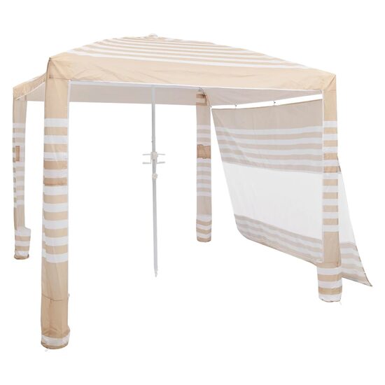 Pavilion gradina/plaja, Portabil 240x240 cm, 1 x perete lateral, Maro/Alb, Protecție solara UPF 50+, Geanta, cadru otel, Inaltime reglabila