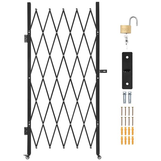 Poarta simpla pliabila de securitate, Retractabila, Otel, Negru, 2 x roti, Dimensiune 126 × 197.5 cm