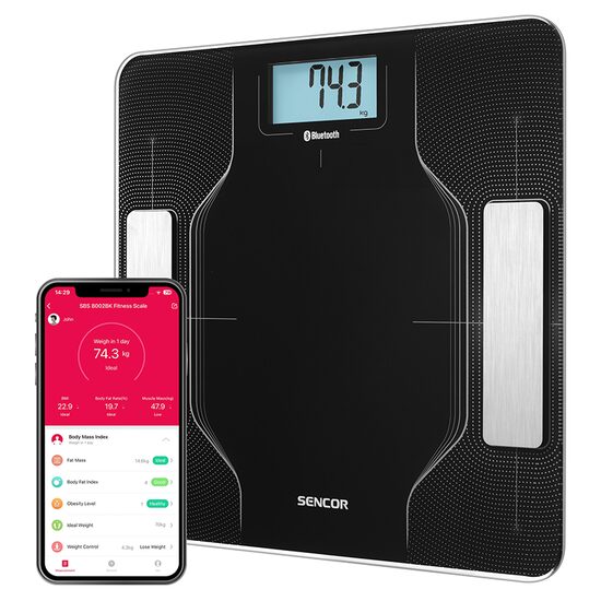 Cantar Smart fitness, Conexiune Bluetooth pentru iOS și Android, max 150 kg, Negru