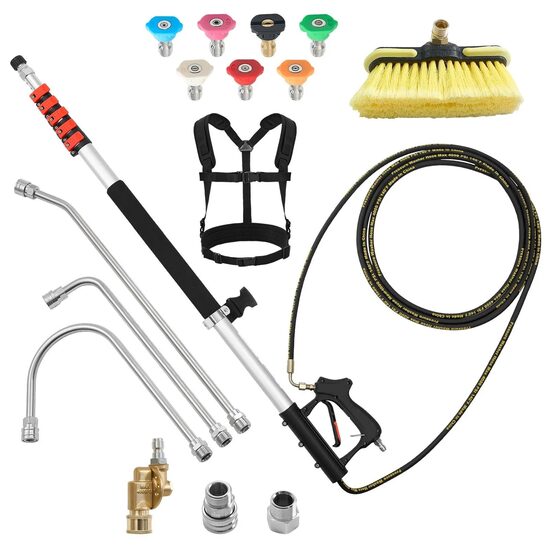 Lance telescopica pentru masini de spalat cu presiune, 6 x sectiuni, 7 duze, Ham de sustinere, Lungime 7.62 m, max 275 Bar, Aluminiu/Inox, 3 x capete, perie