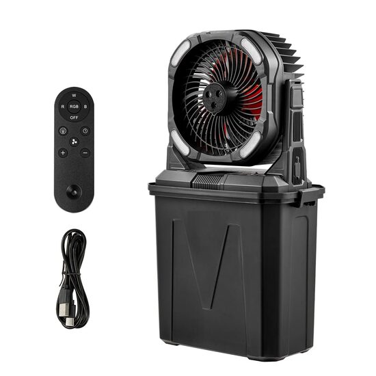 Ventilator cu acumulator, Functie pulverizare, 11 W, Rezervor apa 9 l, Telecomanda, baterie 10000 mAh, Lanterna