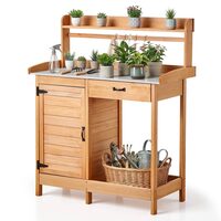 Statie de lucru cu dulap si blat metalic pentru gradina, 112 x 46.5 cm, Maro