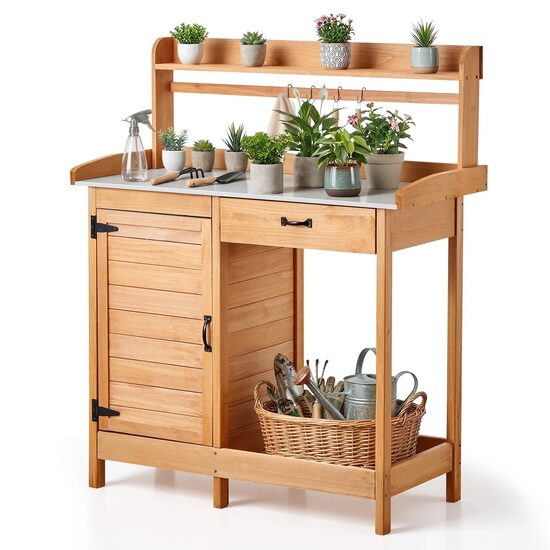 Statie de lucru cu dulap si blat metalic pentru gradina, 112 x 46.5 cm, Maro