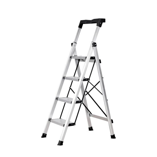 Scara pliabila cu 4 x Trepte Anti-derapante, Tava scule, Capacitate 150 kg, Aluminiu, 480 x 680 x 1270 mm