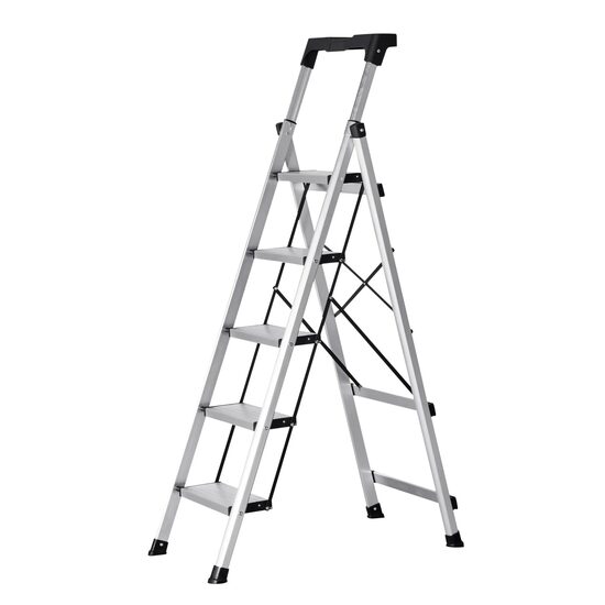 Scara pliabila cu 5 x Trepte Anti-derapante, Tava scule, Capacitate 150 kg, Aluminiu, 480 x 835 x 1490 mm