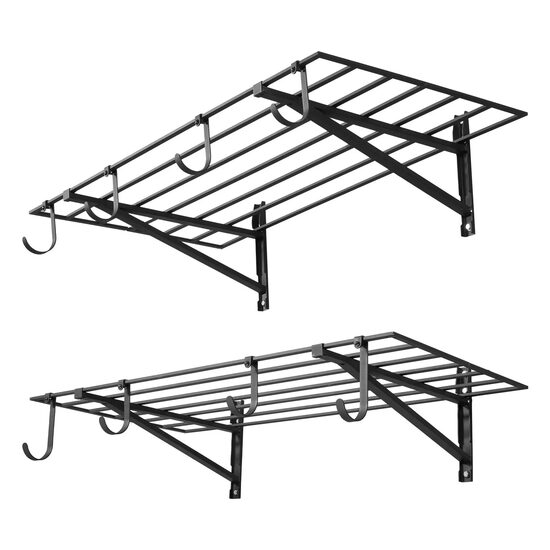 Set 2 x Rafturi perete, Otel, Negru, Carlige agatare, Capacitate 235 kg, 61 x 122 cm