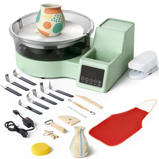 Roata de olarit profesionala electrica, Diametru platan 28 cm, pedala si Ecran tactil, 450 W, viteza reglabila 30-300 rpm, bazin detasabil, verde