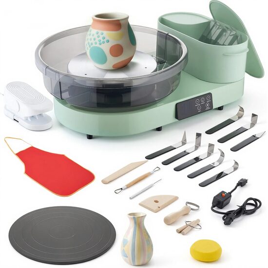 Roata de olarit profesionala electrica,  2 x platane 28/36 cm, pedala si Ecran tactil, 450 W, viteza reglabila 30-300 rpm, Verde