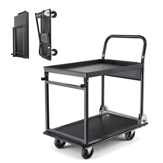 Carucior pliabil cu platforma, Otel, Negru, Capacitate 317 kg, 2 x niveluri, 730 x 470 x 820 mm