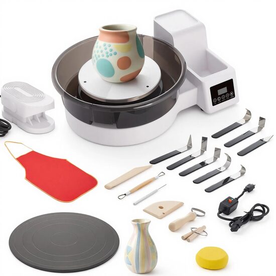 Roata de olarit electrica,  2 x platane 28/36 cm, pedala si Ecran tactil, 450 W, viteza reglabila 30-300 rpm, Alb, Bazin detasabil