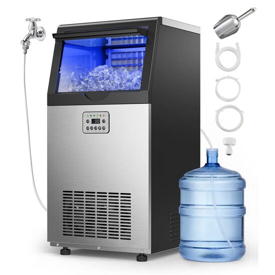 Aparat de facut gheata, 54 kg/zi, Stocare 14 kg, Afisaj led, Auto-Curatare, Inox, 36 de cuburi pe ciclu, 2 x tipuri de alimentare apa