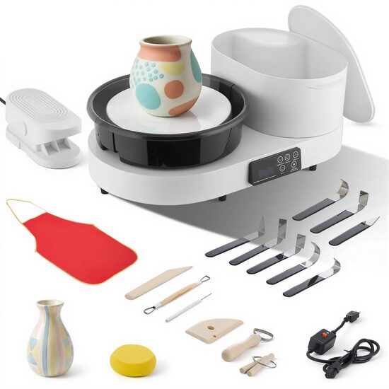 Roata de olarit electrica,  Diametru platan 28 cm, pedala si Ecran tactil, 450 W, viteza reglabila 30-300 rpm, Alb, 8 x unelte inox