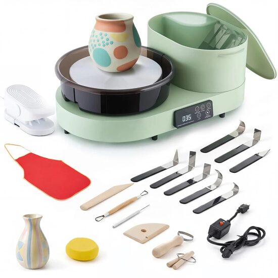 Roata de olarit electrica,  Diametru platan 28 cm, pedala si Ecran tactil, 450 W, viteza reglabila 30-300 rpm, Verde, 8 x unelte inox