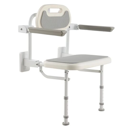 Scaun dus pliabil, montaj perete, Spatar, Coriere si picioare reglabile, Alb, Inox/PP, max 150 kg