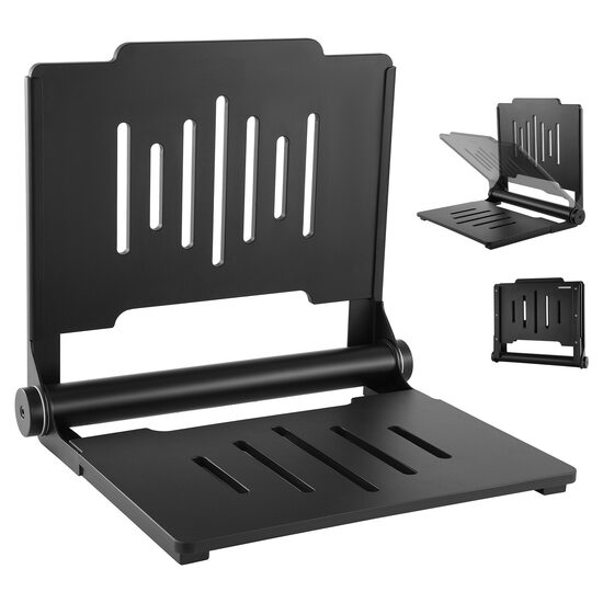 Scaun dus pliabil, montaj perete, Negru, Inox/PP, max 180 kg, dimensiuni deschis 496 x 417 x 445 mm
