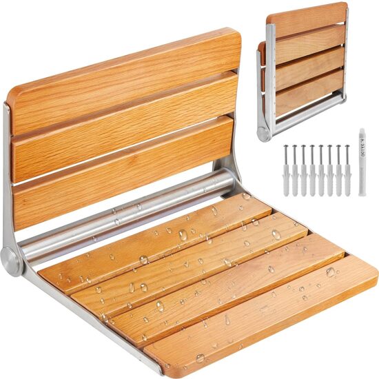 Scaun dus pliabil, montaj perete, Maro, Inox/Lemn, max 100 kg, dimensiuni deschis 408 x 340 x 270 mm