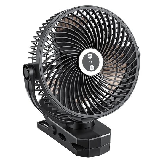 Ventilator portabil cu acumulator si clips de prindere, port USB, 3 x viteze, 8 W, 170 mm, Negru, Lumina Led