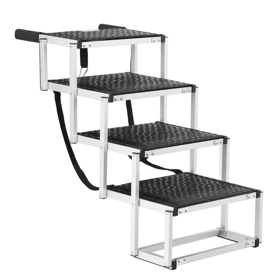 Scara pliabila cu 4 trepte pentru masina, Portabila, Extra lata, Suprafata antiderapanta, max 68 kg, Aluminiu, Negru/Argintiu