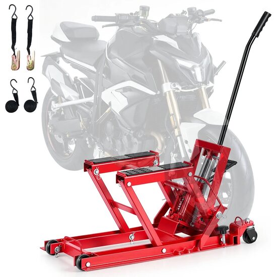 Cric hidraulic pentru motociclete, capacitate max 680 kg, Inaltime 115-385 mm, fixare chingi cu clichet