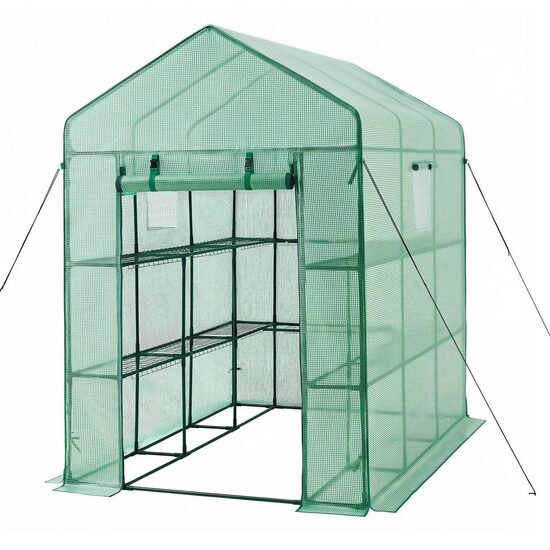 Sera walk-in, 2 x niveluri, 14 x rafturi, usa cu fermoar, cadru otel, 137 x 206 x 196 cm