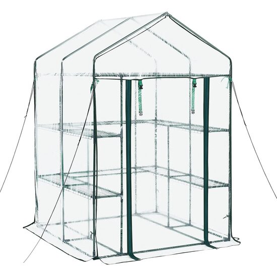 Sera walk-in, 2 x niveluri, 10 x rafturi, capac PVC, usa cu fermoar, cadru otel, 137 x 137 x 196 cm