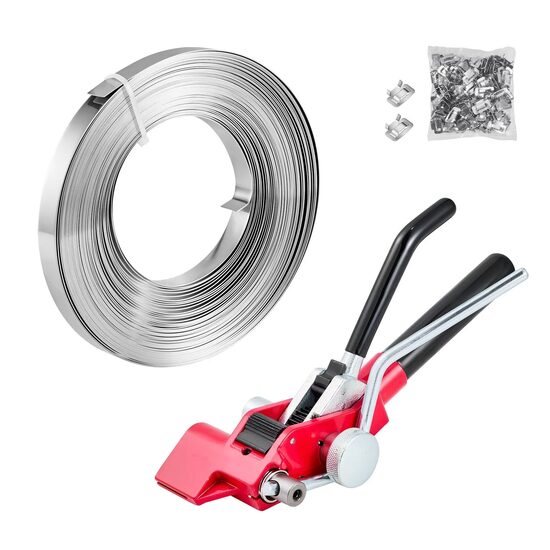 Kit Dispozitiv manual de legare cu banda din otel 19 mm, rola de banda din otel inoxidabil 30,5 m, 100 de catarame de legare Ear-Lokt