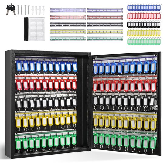 Cutie pentru 100 chei, Otel, dimensiune 450 x 380 x 84 mm, Incuietoare, negru, 100 etichete colorate