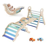 Spatiu de joaca Montessori 9in1 pentru copii, Lemn, Perna, Triunghi, Arc și Rampa, 2 x Masinute, max 68 kg, Anti-rasturnare, Albastru/Maro