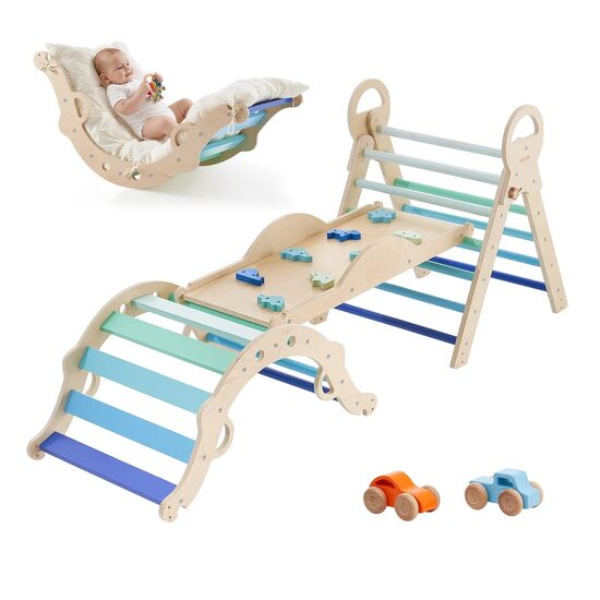 Spatiu de joaca Montessori 9in1 pentru copii, Lemn, Perna, Triunghi, Arc și Rampa, 2 x Masinute, max 68 kg, Anti-rasturnare, Albastru/Maro