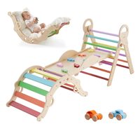 Spatiu de joaca Montessori 9in1 pentru copii, Lemn, Perna, Triunghi, Arc și Rampa, 2 x Masinute, max 68 kg, Anti-rasturnare, Curcubeu